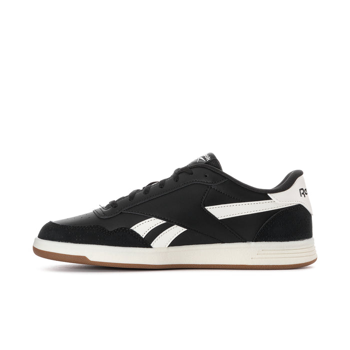 Men's Reebok Court Advance sneakers side profile, black with white stripes and gum sole