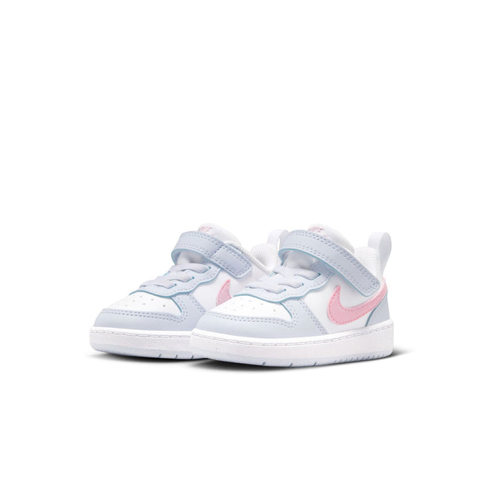 Pair of toddler sneakers, white uppers, light blue trims, pink swoosh, Velcro
