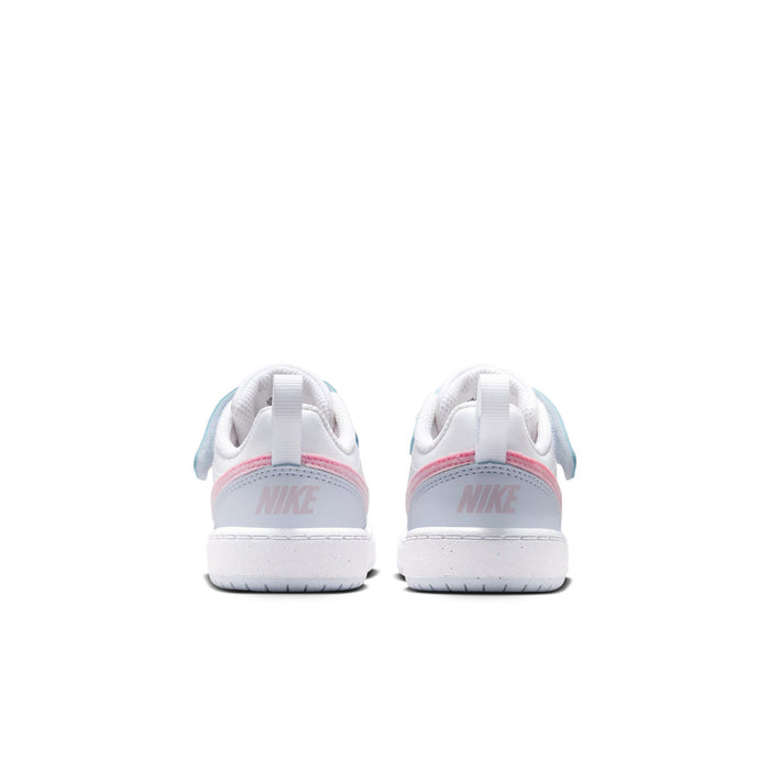 Kids low-top sneakers, white with light blue heel accents and Nike logo on back