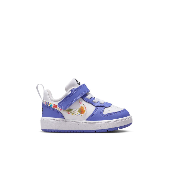 Toddler low-top sneakers, white and blue, hook-and-loop strap with colorful graphic