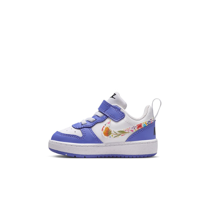 Toddler low-top sneakers, white and blue, hook-and-loop strap with floral graphic