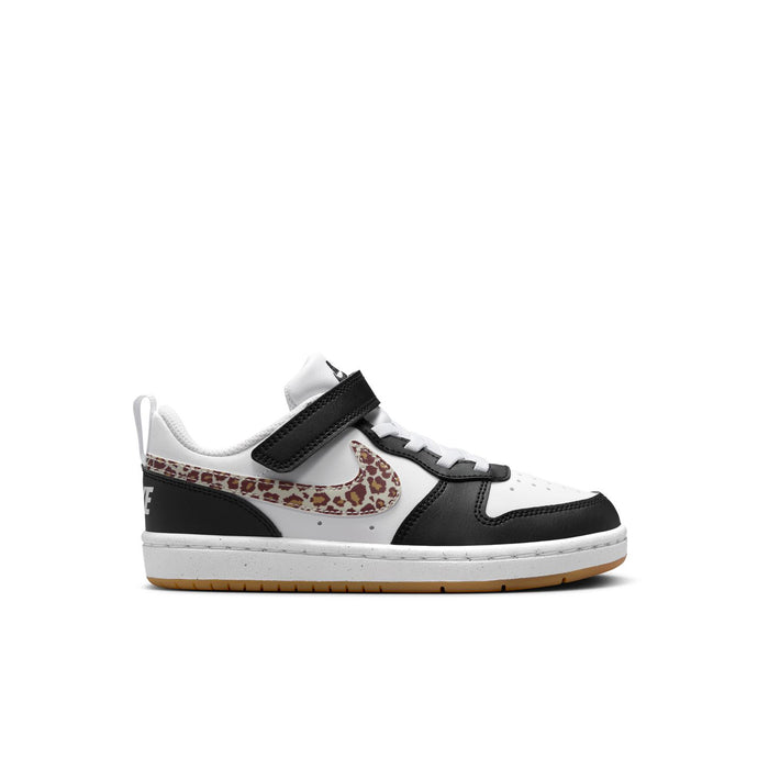 Kids low-top sneakers in white and black with leopard print swoosh and hook-and-loop strap