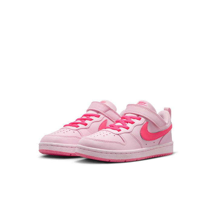 Kids low-top sneakers, light pink upper with magenta Swoosh and pink lace detail