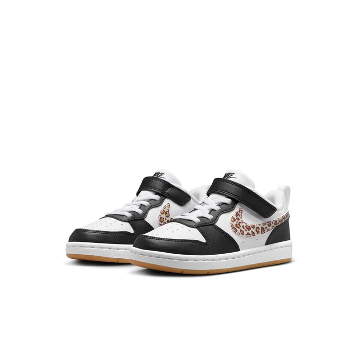Kids low-top sneakers, pair view, white and black with leopard print swoosh and gum sole
