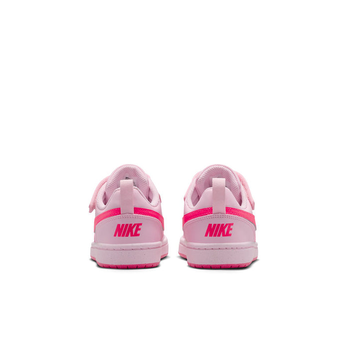 Kids sneaker heel view in light pink with magenta pull tab and branding