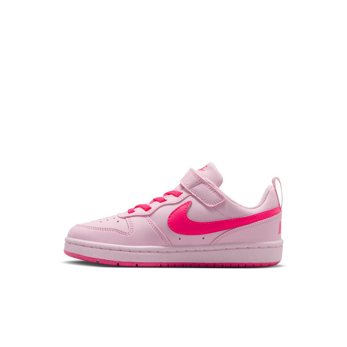 Kids low-top sneakers side view, light pink with magenta Swoosh and Velcro strap