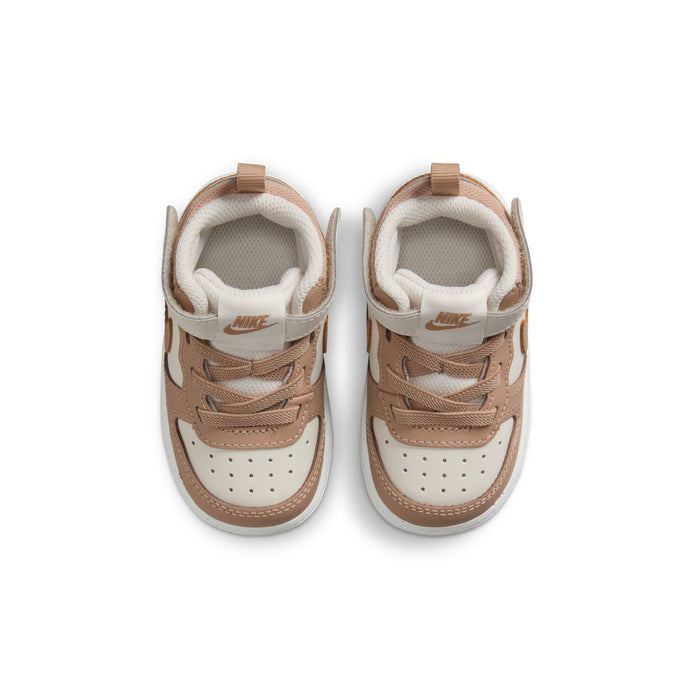 Toddler high-top sneakers, pale ivory lining and brown uppers, front toe and laces