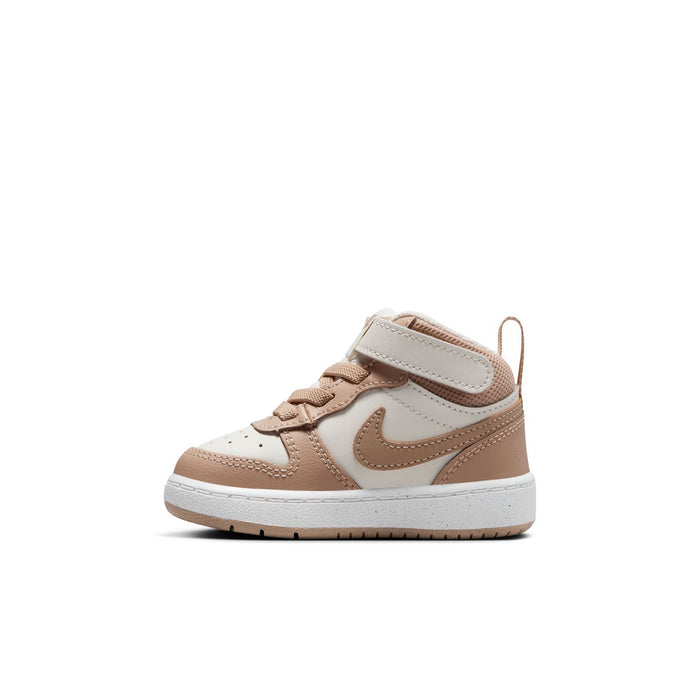 Toddler high-top sneakers, pale ivory and brown, Nike swoosh, lace-up midsole