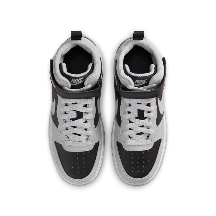 Youth sneakers top view: gray mesh tongue, black overlays, white lace pattern.