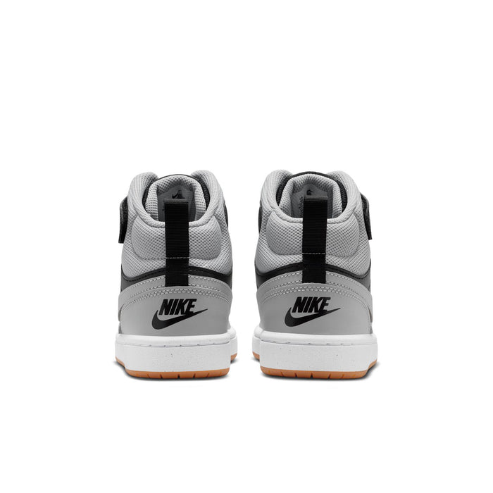 Youth mid-top sneakers rear view, gray uppers with black heel panels and gum outsole.