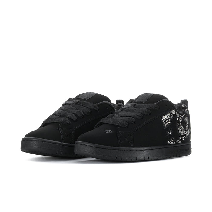 Black low-top lace-up sneakers with patterned collar detail and flat rubber sole.