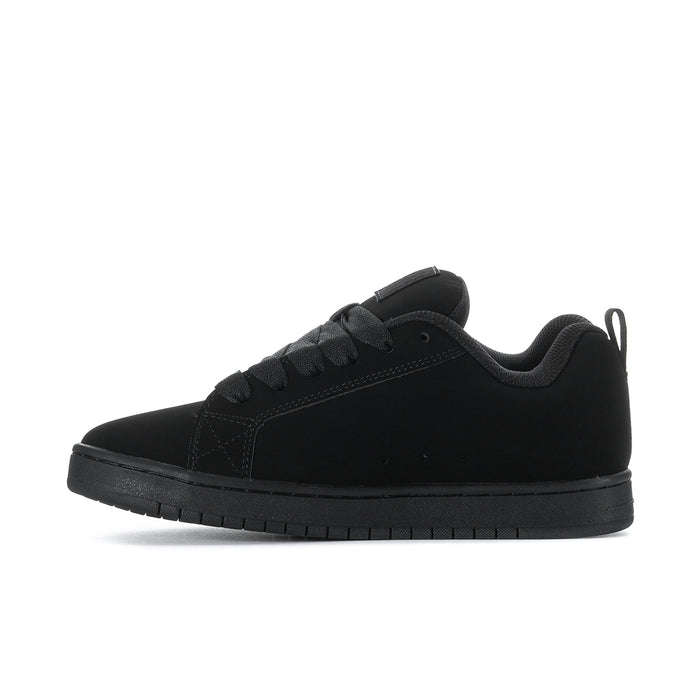 Black low-top lace-up sneakers with smooth toe and flat rubber sole.