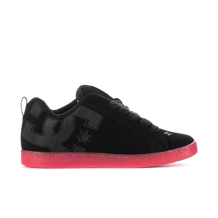 Women’s black low-top sneakers with pink translucent sole and star logo panels