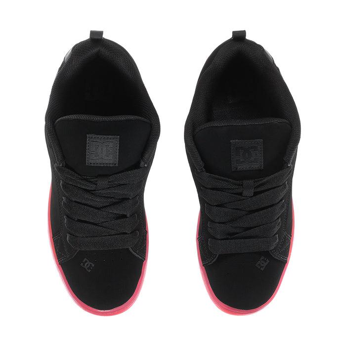 Women’s black sneakers, front and back view with pink-trimmed soles