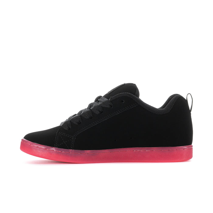 Women’s black low-top sneaker with lace-up front and pink translucent sole