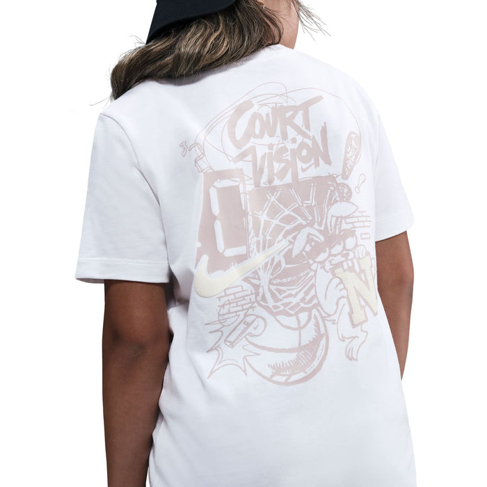 White youth T-shirt with large back graphic illustration on back panel
