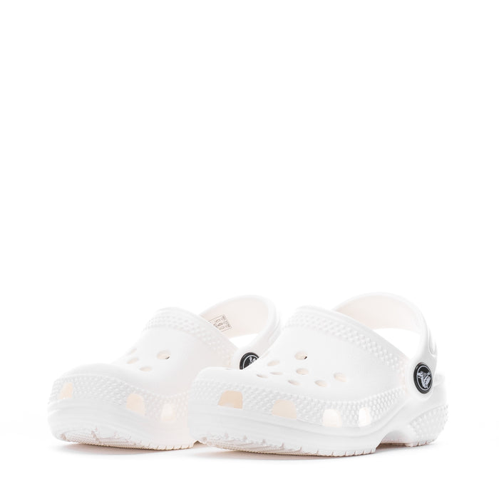 Pair of infant white Crocs clogs with heel strap and perforated uppers.
