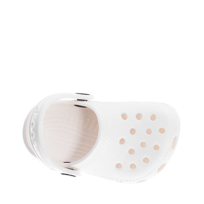 Infant white Crocs clog side view with heel hole and dotted perforations.
