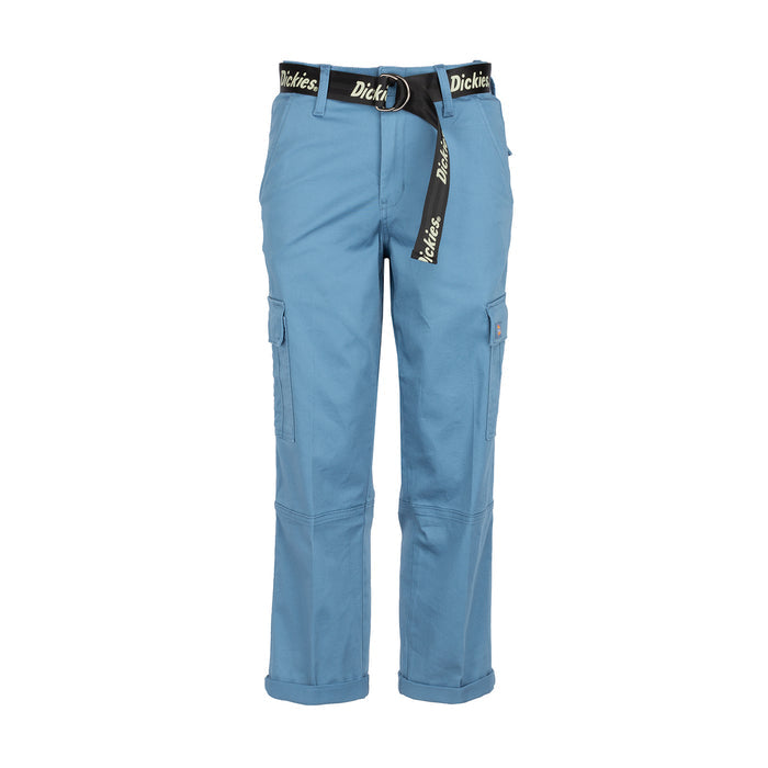 Women's cropped cargo pants, light blue with cargo pockets and belt loops