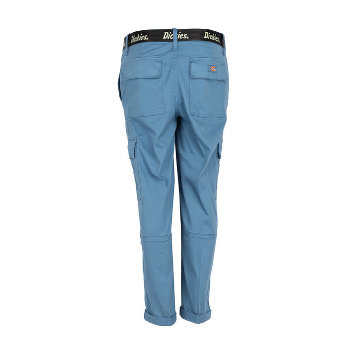 Women's cropped cargo pants, light blue with back flap pockets and belt loops