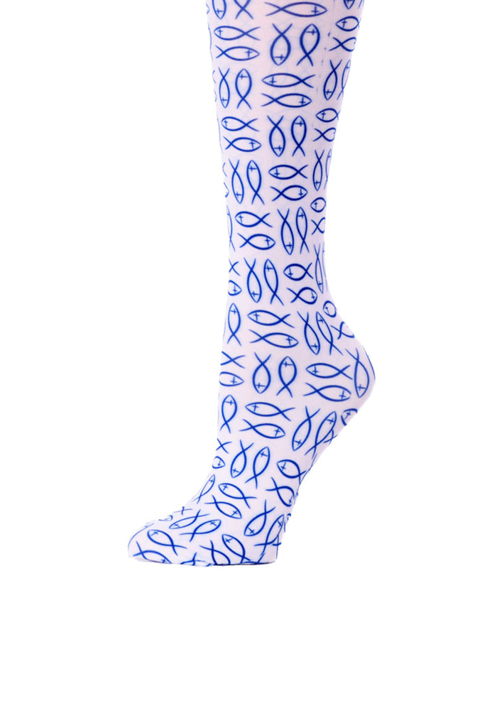 Cutieful Women's Christian Fish Print Sheer Knee High Compression Socks 8-15 mmHg