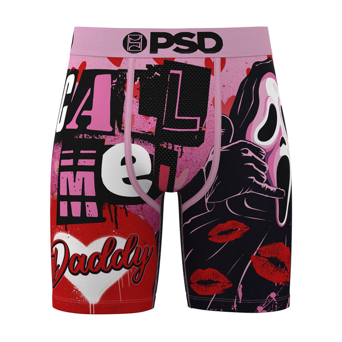 Men's boxer briefs with pink-and-black graphic, skull face and red lips, elastic waistband
