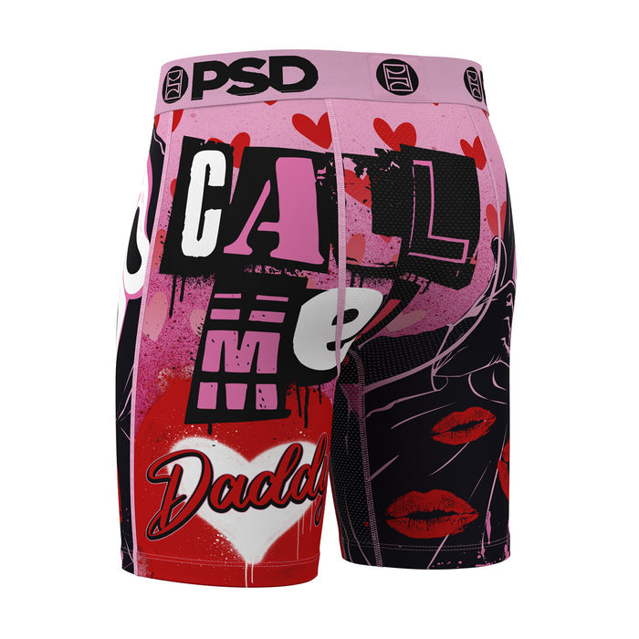 Men's boxer briefs with pink-and-black graphic, hearts and CA lettering, red lips