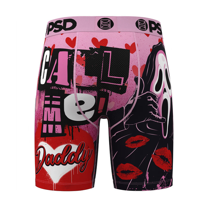 Men's boxer briefs with pink-and-black skull face graphic, red lips, PSD logo waistband