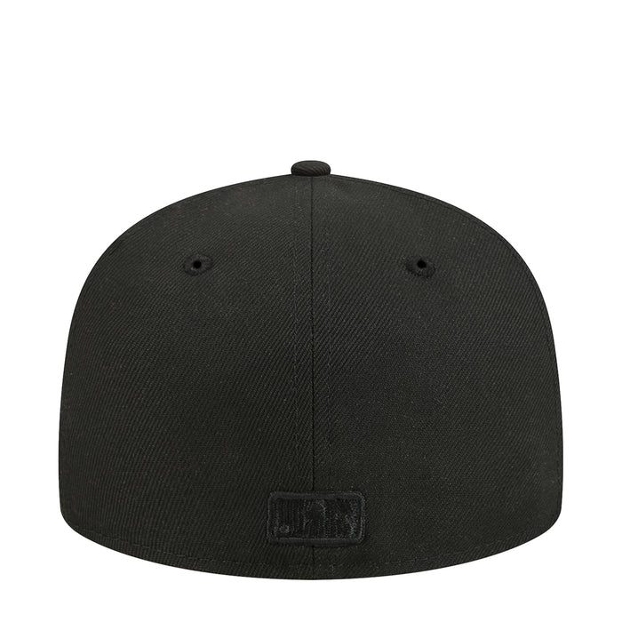 Black baseball cap with embroidered back logo patch and eyelets on top.