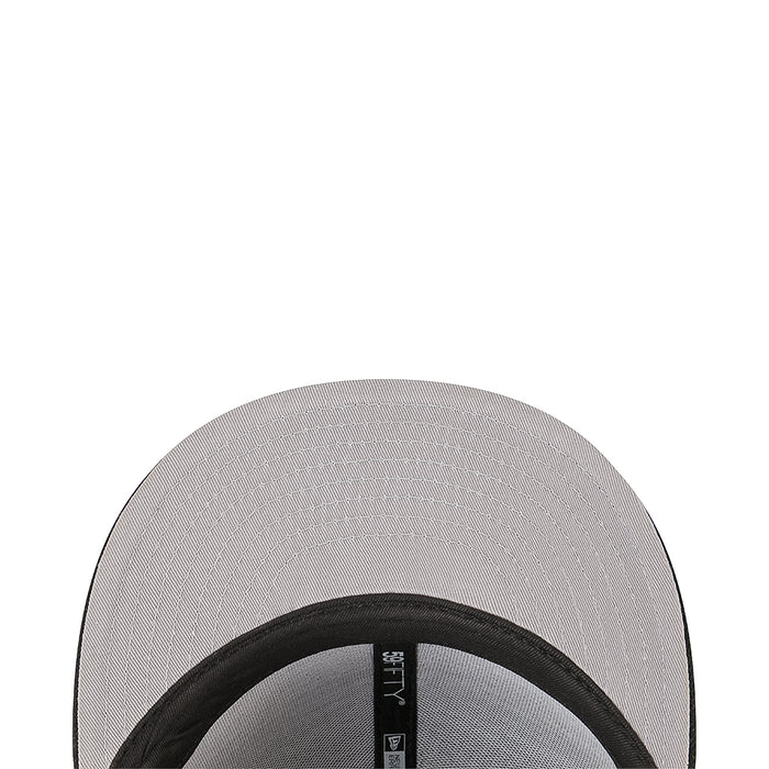 Light gray baseball cap with black brim and embroidered inner top patch.
