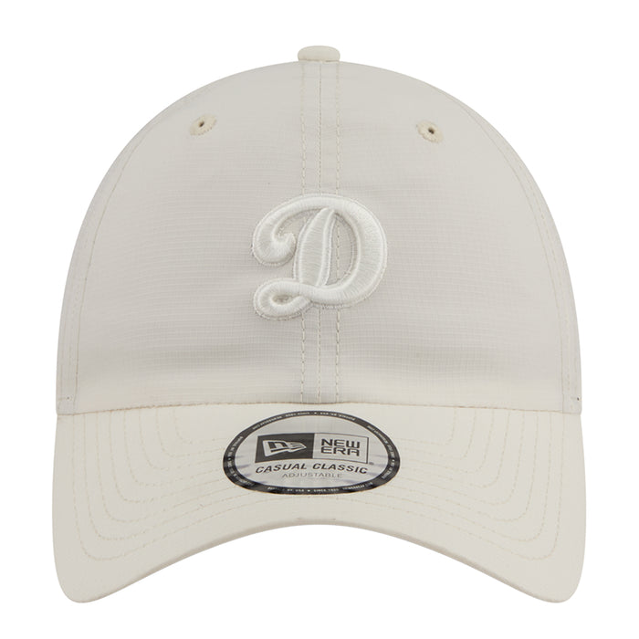 Light cream ripstop strapback cap with embroidered D logo on front