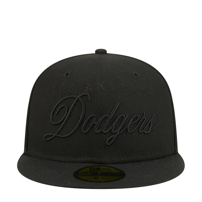Black baseball cap with embroidered Dodgers script logo on front panel