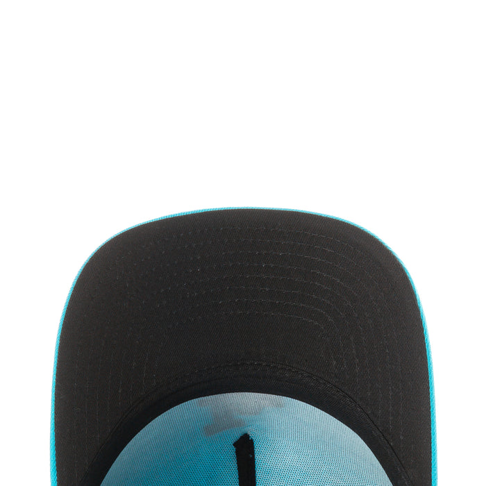 Black underside of baseball cap brim with stitching and fabric texture