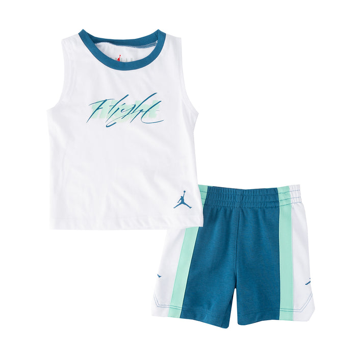 Infant tank and shorts set: white tank with teal trim, blue shorts with mint panels