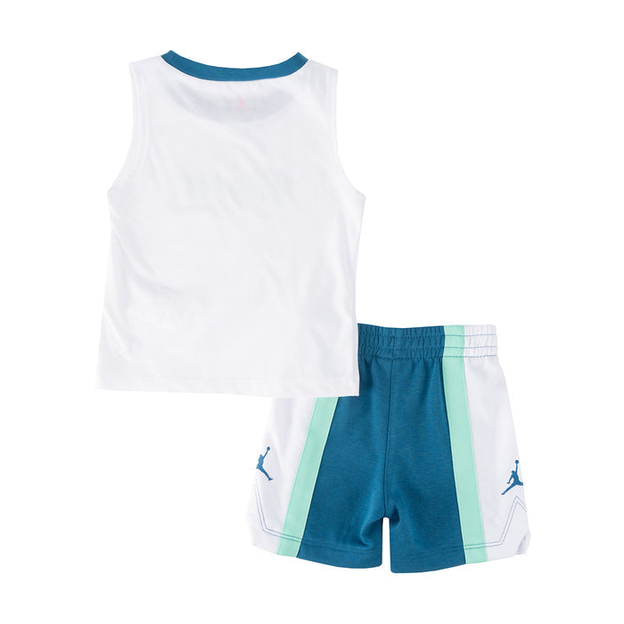 Infant tank and shorts set back view: white tank, blue shorts with mint panel and logos