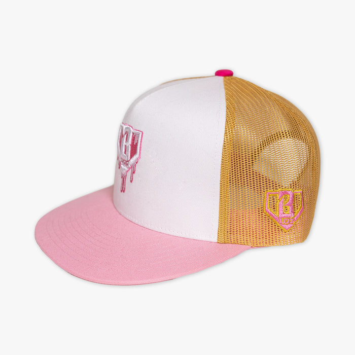 Adult model wearing white and pink Drip Mesh Off Field Snapback snapback