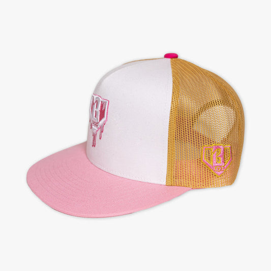 Adult model wearing white and pink Drip Mesh Off Field Snapback snapback