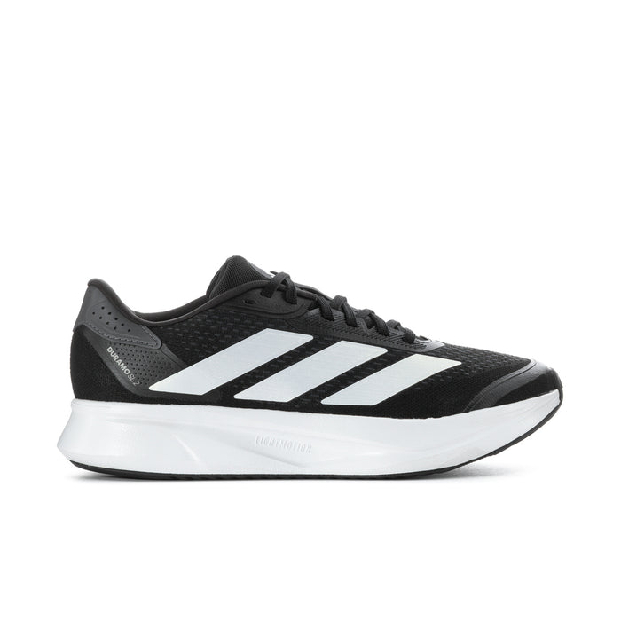 Black men's running sneaker with white triple stripes and white sole