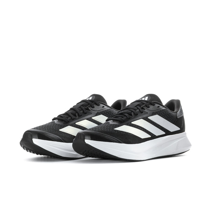 Pair of black men's running sneakers with white stripe accents and white midsoles