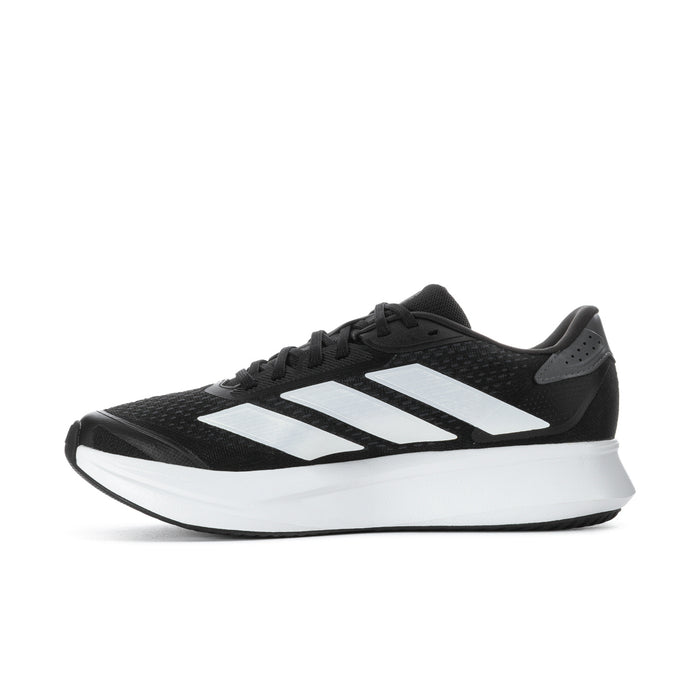 Black men's running sneaker with white triple stripes on textured upper