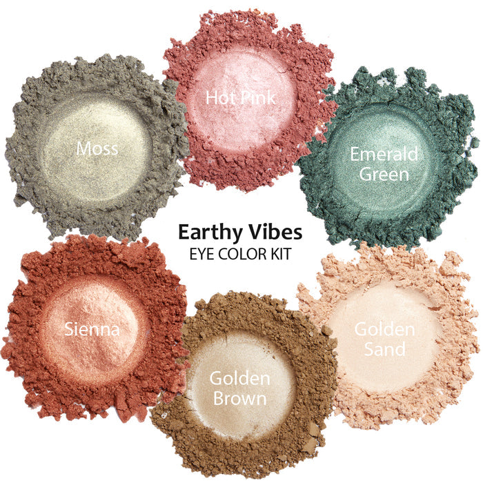 Deluvia Earthy Vibes Eye Color swatches that are in the kit: Moss, Hot Pink, Emerald Green, Golden Sand, Golden Brown, and Sienna.