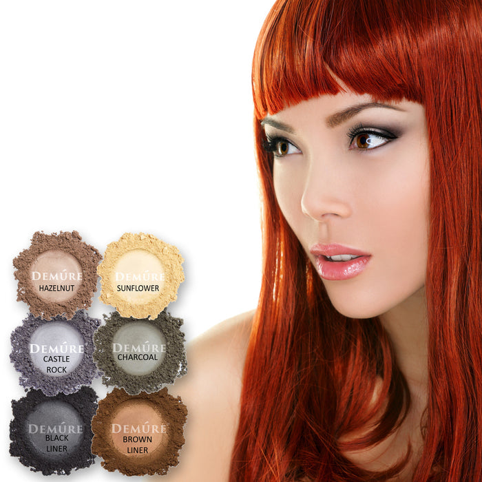Woman with a variety of eye colors on and swatches of 6 eye colors