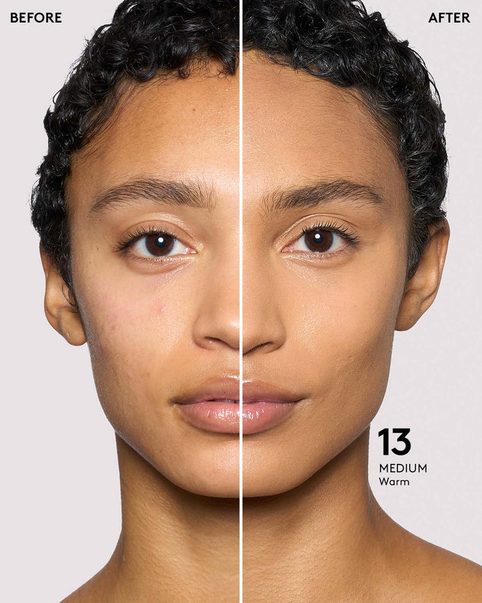 before and after of medium skin toned model in eaze drop stick