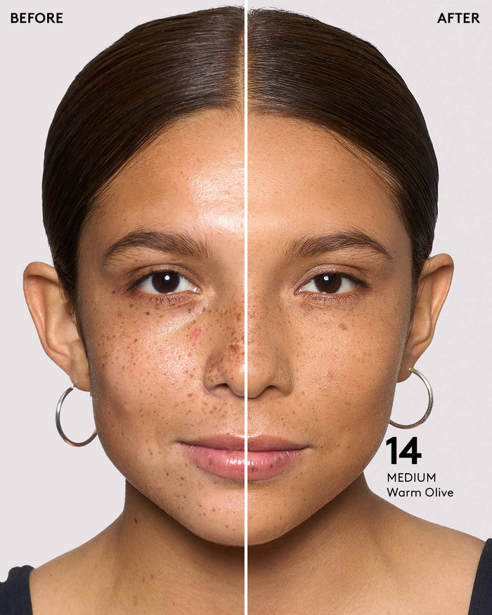 before and after of medium skin toned model in eaze drop stick