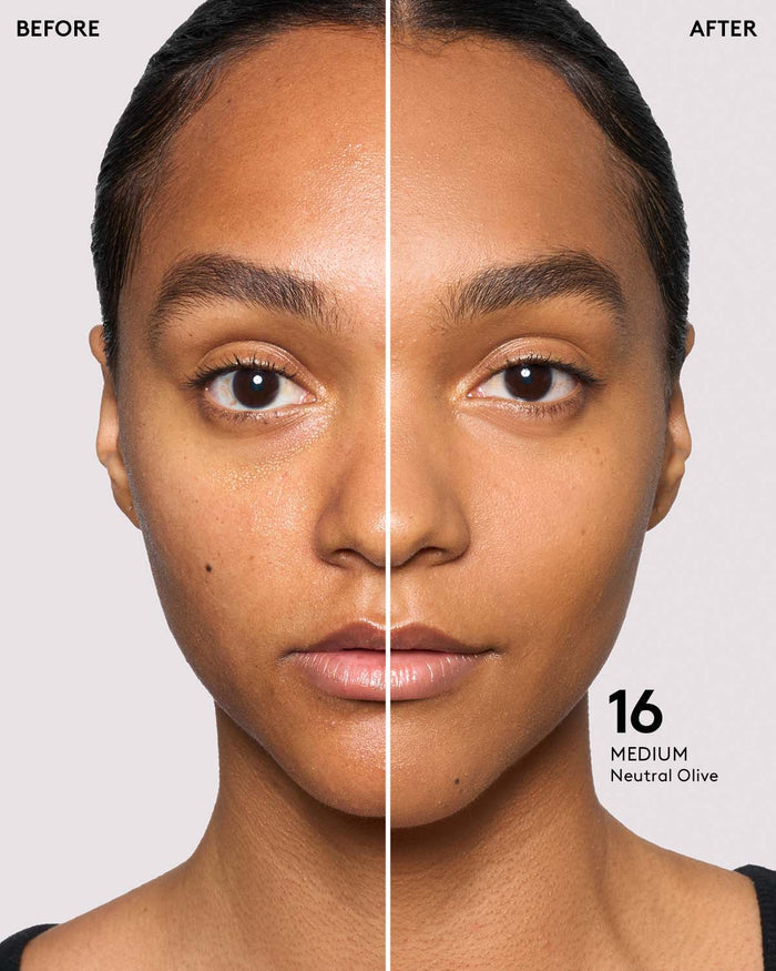 before and after of medium-deep skin toned model in eaze drop stick