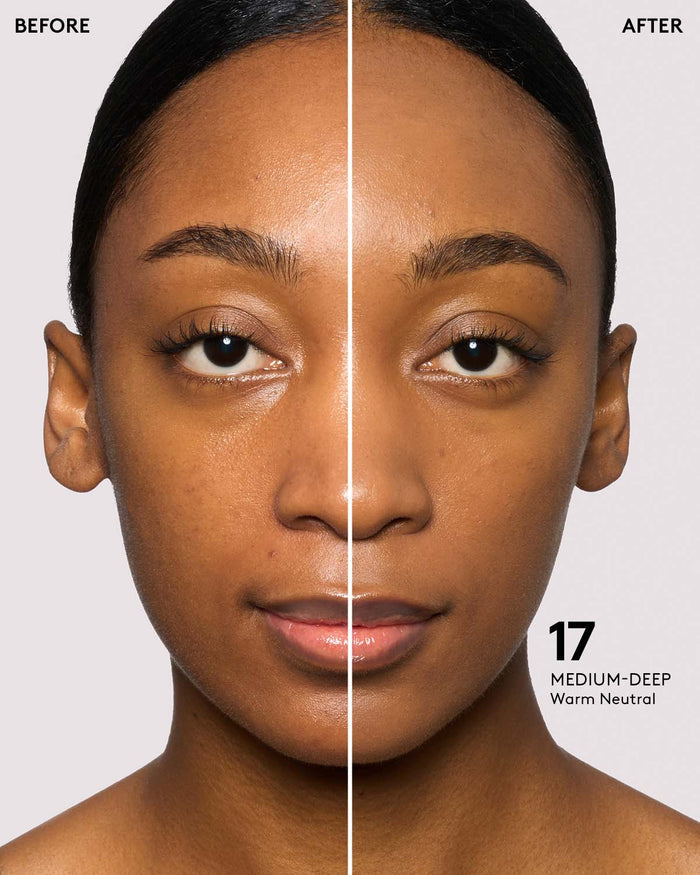 before and after of medium-deep skin toned model in eaze drop stick