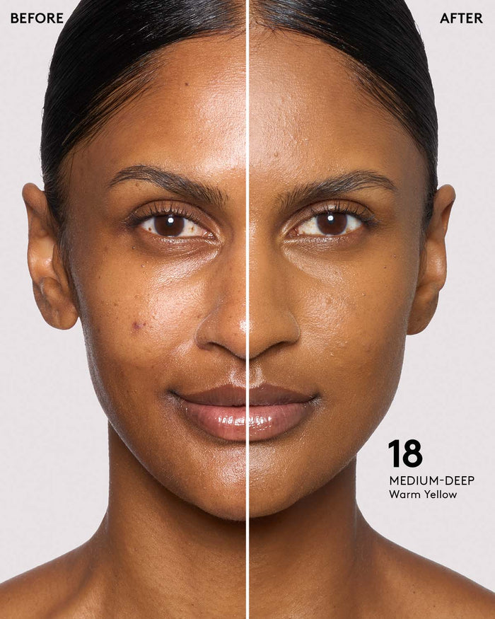 Before and After shot of Eaze Drop Tint Stick on medium deep skin tone model.