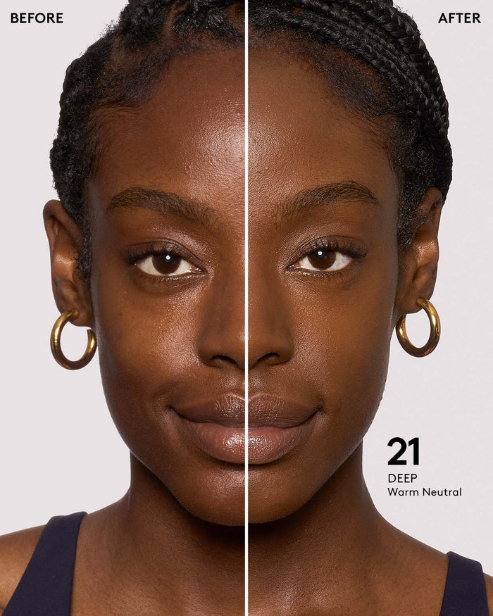 before and after of deep skin toned model in eaze drop stick
