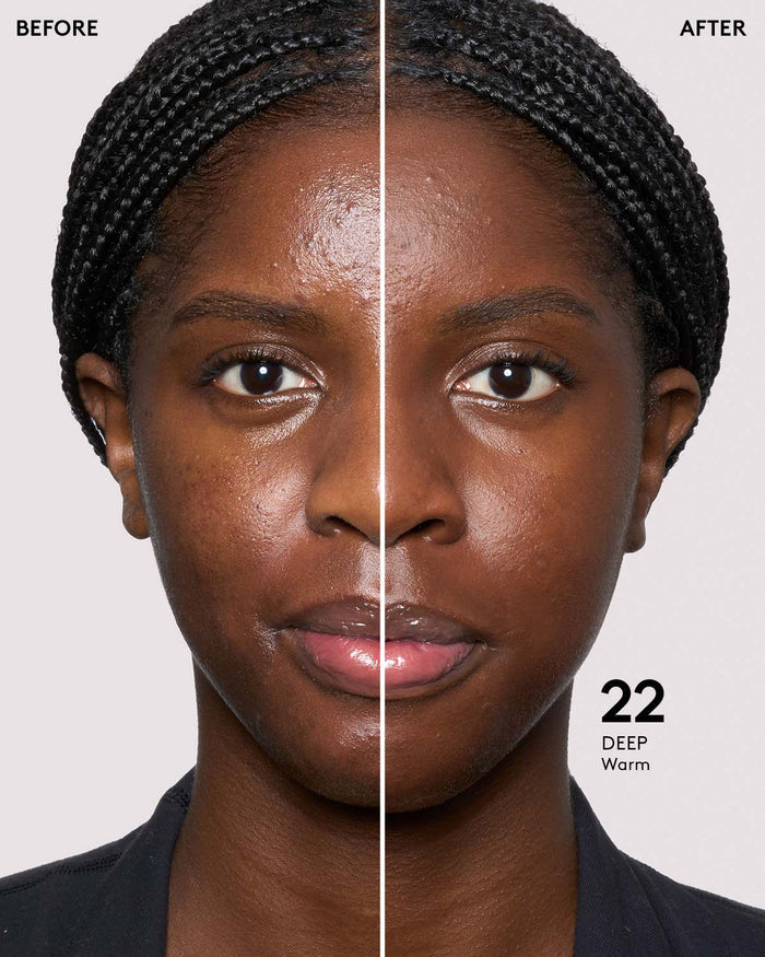 before and after of deep skin toned model in eaze drop stick