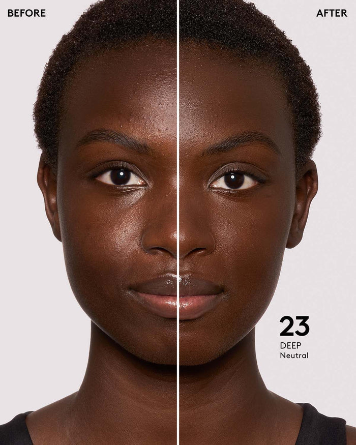 before and after of deep skin toned model in eaze drop stick